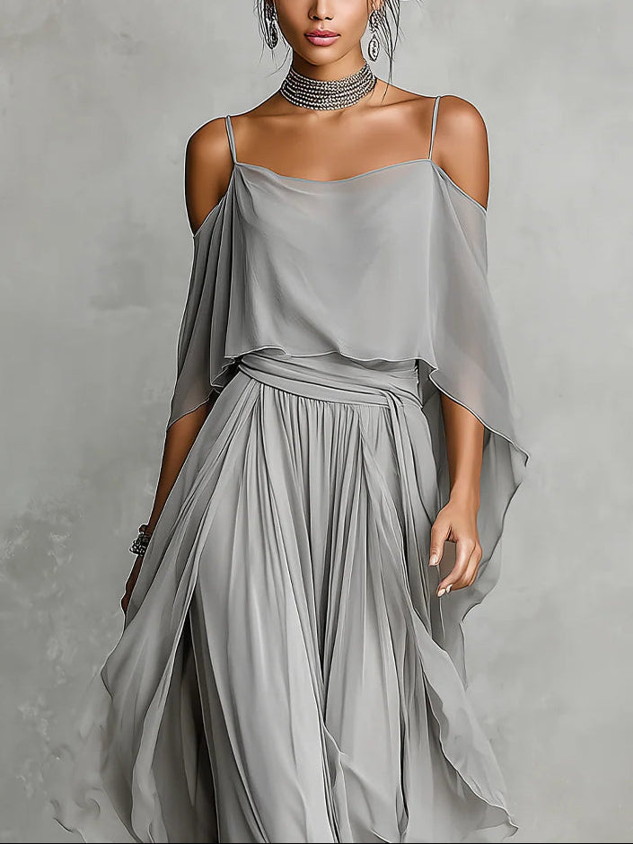 Isabella ¦ Set composto da canotta fluida grigia con spalle scoperte e pantaloni in chiffon