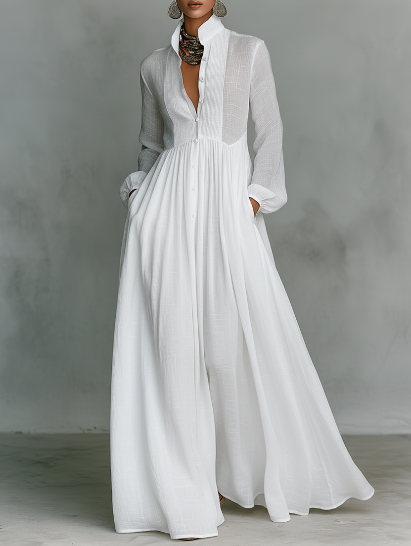 Alessia ¦ Maxi Minimalista in Cotone e Lino con Patchwork, Collo Alto e Maniche Lunghe