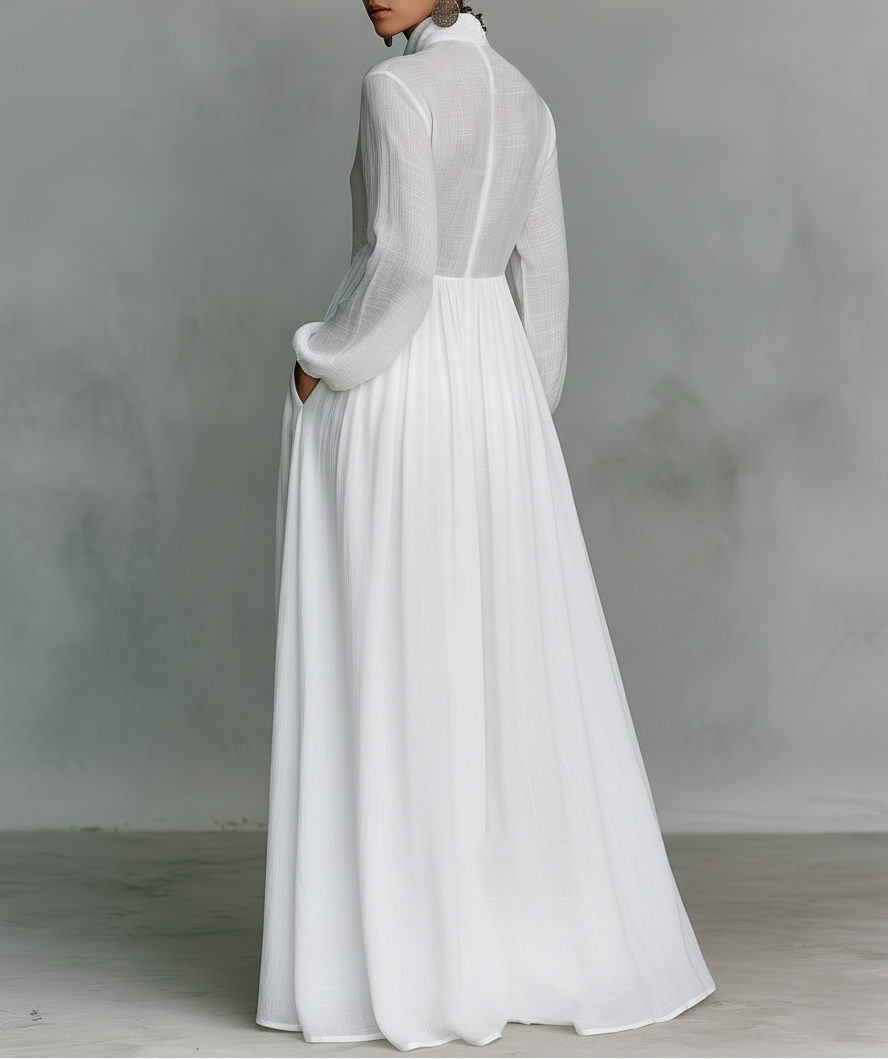 Alessia ¦ Maxi Minimalista in Cotone e Lino con Patchwork, Collo Alto e Maniche Lunghe