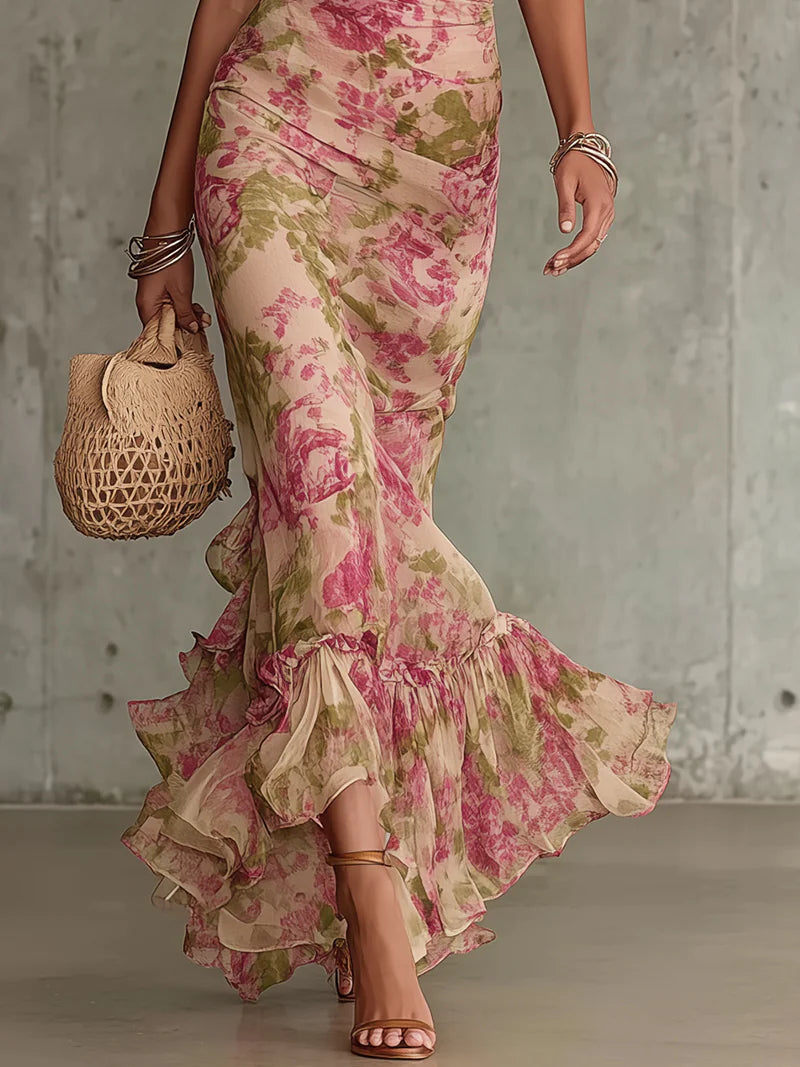 Fiora - Abito lungo con stampa vintage a rose e maniche a sbuffo