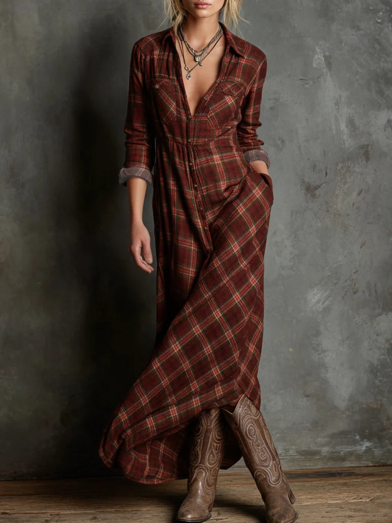 Livia - Vestito lungo con colletto camicia e motivo a quadri verdi