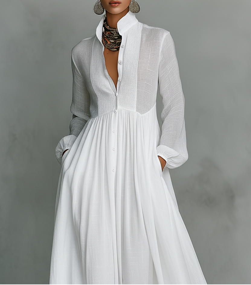 Alessia ¦ Maxi Minimalista in Cotone e Lino con Patchwork, Collo Alto e Maniche Lunghe