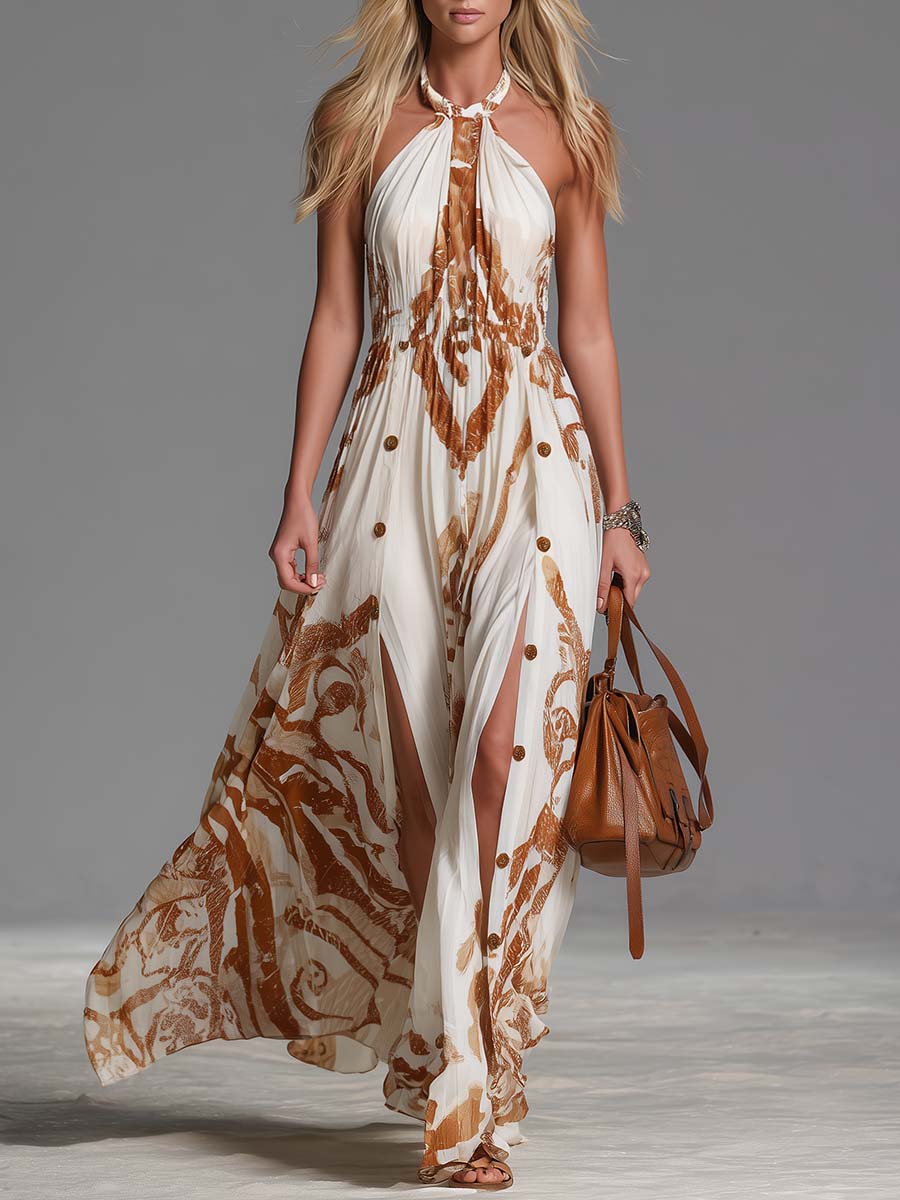 Beatrice ¦ Abito lungo vintage bohemiano con scollo a halterneck, stampa western marrone su chiffon avorio, con spacchi