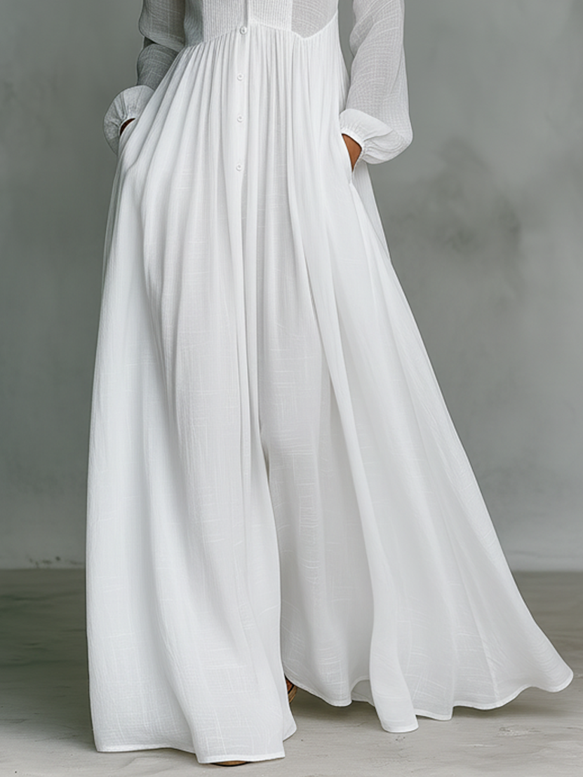 Alessia ¦ Maxi Minimalista in Cotone e Lino con Patchwork, Collo Alto e Maniche Lunghe